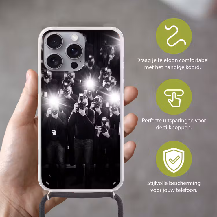Mensen - Camera - Flitslicht - Zwart-wit - Media Hoesje iPhone 16 Pro Max met koord klein -sfeer2_NL