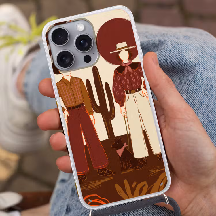 Mensen - Cowboykleding - Westerse stijl - Illustratie - Bruin Hoesje iPhone 16 Pro Max met koord klein -sfeer3