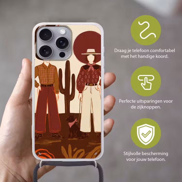 Mensen - Cowboykleding - Westerse stijl - Illustratie - Bruin Hoesje iPhone 16 Pro Max met koord klein -sfeer2_NL