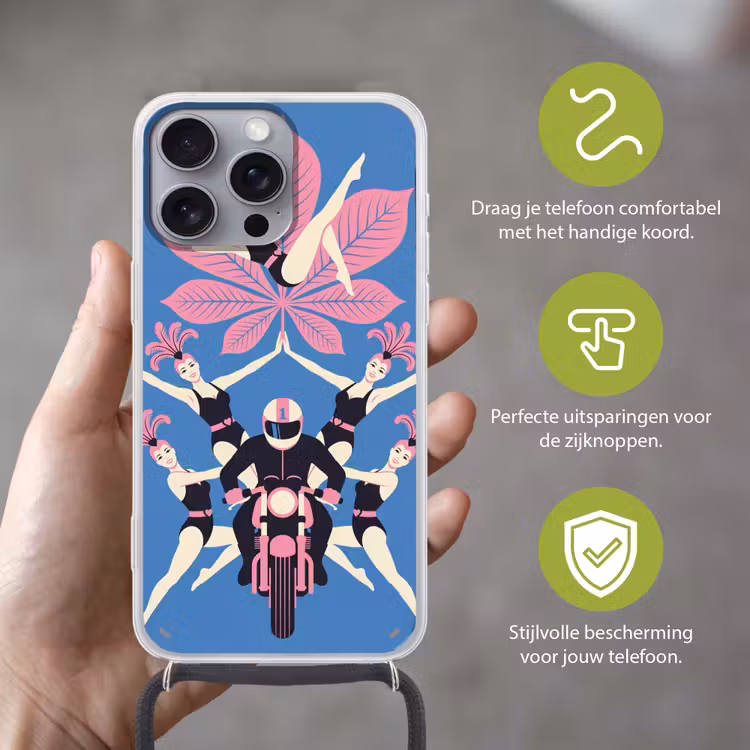 Mensen - Dans - Motor - Retro - Roze Hoesje iPhone 16 Pro Max met koord klein -sfeer2_NL