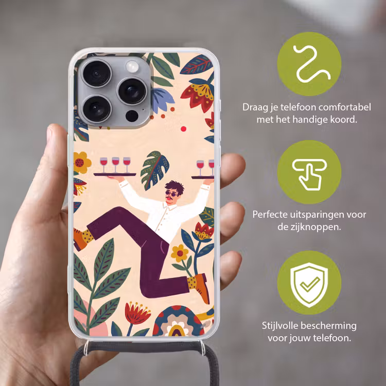 Mensen - Dienblad - Eten - Modern - Kleurrijk Hoesje iPhone 16 Pro Max met koord klein -sfeer2_NL