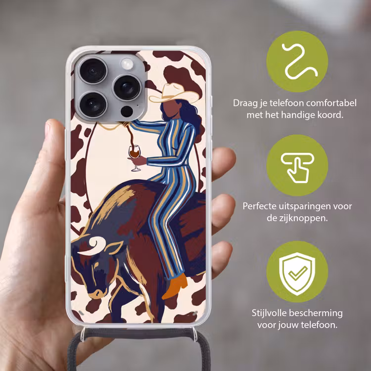 Mensen - Dieren - Cowboy - Abstract - Kleurrijk Hoesje iPhone 16 Pro Max met koord klein -sfeer2_NL