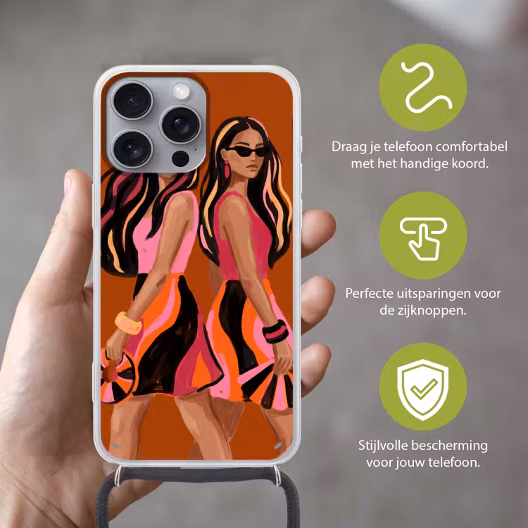 Mensen - Duo - Mode - Illustratie - Kleurrijk Hoesje iPhone 16 Pro Max met koord klein -sfeer2_NL