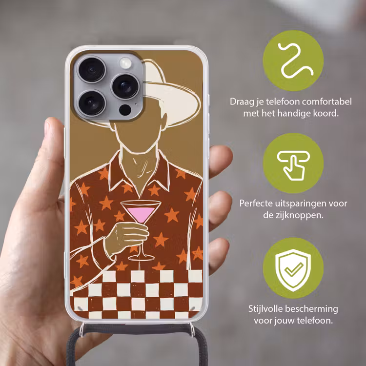 Mensen - Hoed - Cocktail - Abstract - Modern Hoesje iPhone 16 Pro Max met koord klein -sfeer2_NL