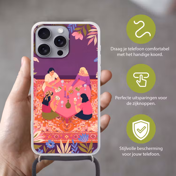 Mensen - Kaartspel - Interieur - Modern - Kleurrijk Hoesje iPhone 16 Pro Max met koord klein -sfeer2_NL