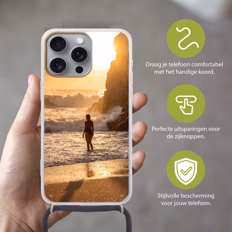 Mensen - Oceaan - Zonsondergang - Kust - Goud Hoesje iPhone 16 Pro Max met koord klein -sfeer2_NL