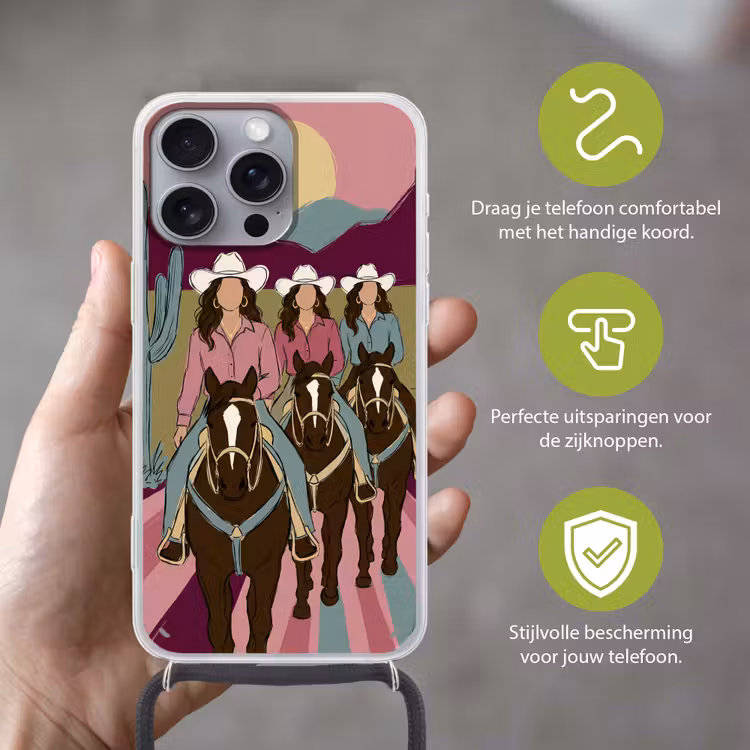 Mensen - Paard - Woestijn - Abstract - Roze Hoesje iPhone 16 Pro Max met koord klein -sfeer2_NL