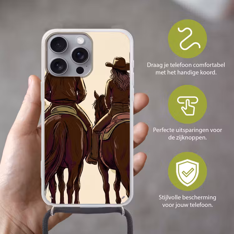 Mensen - Ruiters - Western - Illustratie - Bruin Hoesje iPhone 16 Pro Max met koord klein -sfeer2_NL
