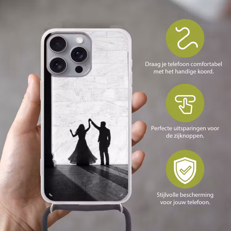 Mensen - Schaduw - Dans - Zwart-wit - Liefde Hoesje iPhone 16 Pro Max met koord klein -sfeer2_NL