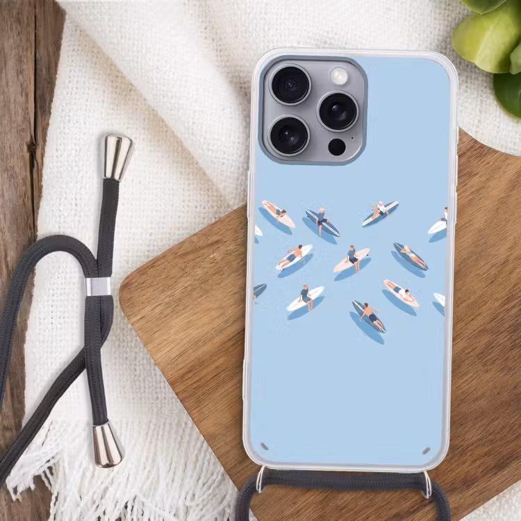Mensen - Surfen - Water - Zomer - Illustratie Hoesje iPhone 16 Pro Max met koord klein -sfeer4