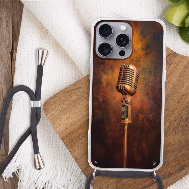 Microfoon - Bruin - Klassiek Hoesje iPhone 16 Pro Max met koord klein -sfeer4
