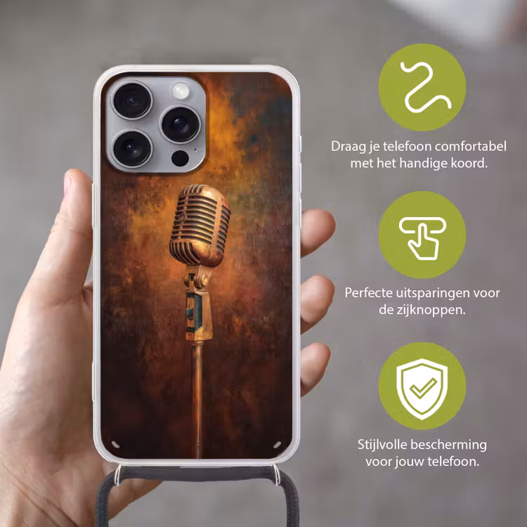 Microfoon - Bruin - Klassiek Hoesje iPhone 16 Pro Max met koord klein -sfeer2_NL