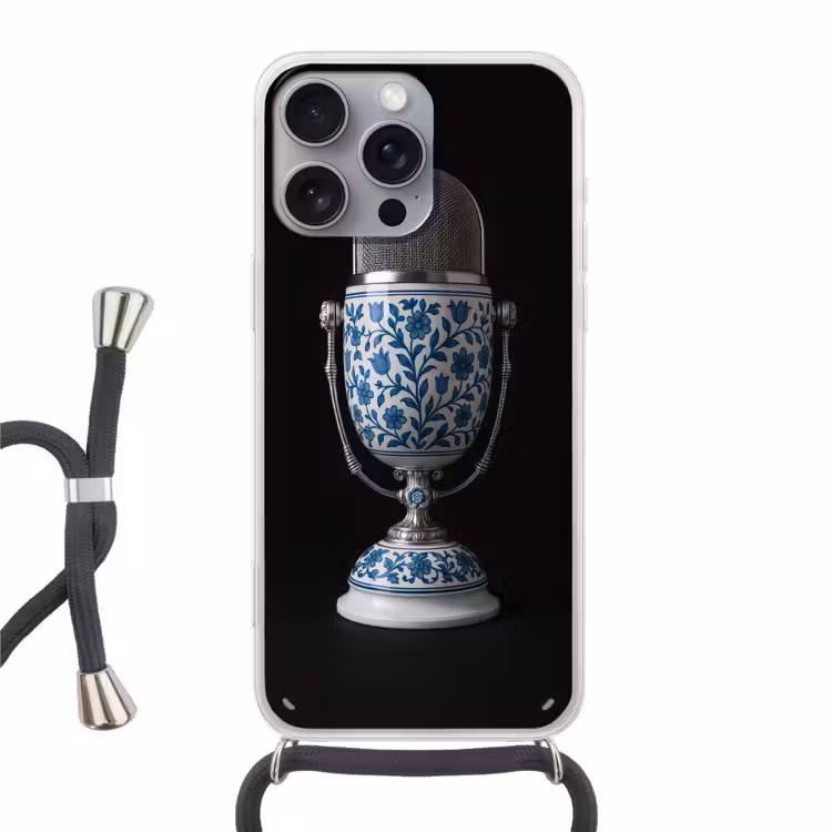 Microfoon - Delfts blauw - Muziek Hoesje iPhone 16 Pro Max met koord klein -3d