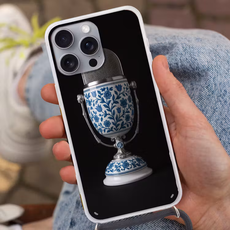 Microfoon - Delfts blauw - Muziek Hoesje iPhone 16 Pro Max met koord klein -sfeer3