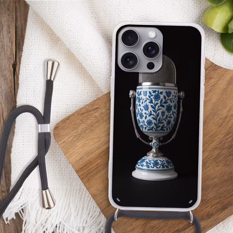 Microfoon - Delfts blauw - Muziek Hoesje iPhone 16 Pro Max met koord klein -sfeer4