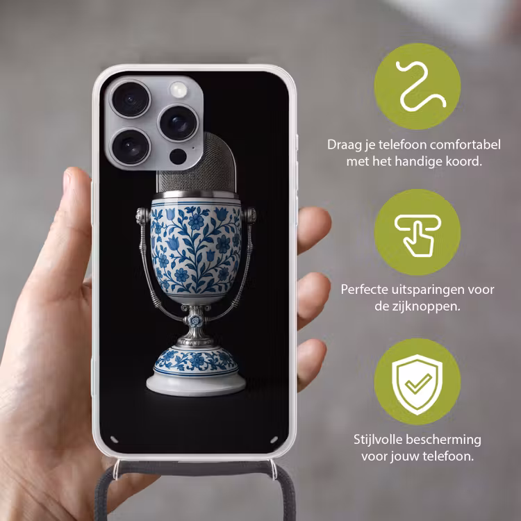 Microfoon - Delfts blauw - Muziek Hoesje iPhone 16 Pro Max met koord klein -sfeer2_NL