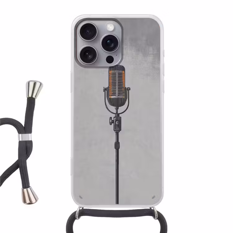 Microfoon - Vintage - Illustratie - Grijs Hoesje iPhone 16 Pro Max met koord klein -3d