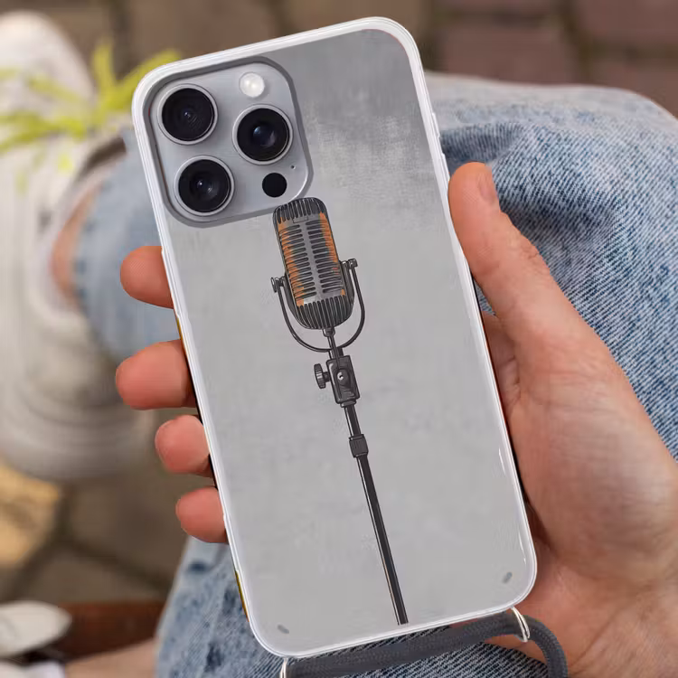 Microfoon - Vintage - Illustratie - Grijs Hoesje iPhone 16 Pro Max met koord klein -sfeer3