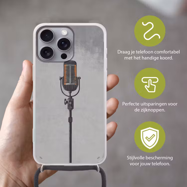 Microfoon - Vintage - Illustratie - Grijs Hoesje iPhone 16 Pro Max met koord klein -sfeer2_NL