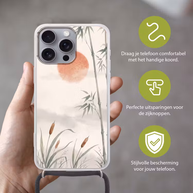 Minimalistisch - Bamboe - Groen Hoesje iPhone 16 Pro Max met koord klein -sfeer2_NL