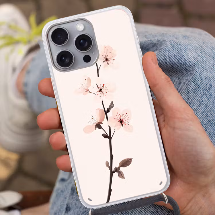 Minimalistisch - Bloesem - Tak - Roze Hoesje iPhone 16 Pro Max met koord klein -sfeer3
