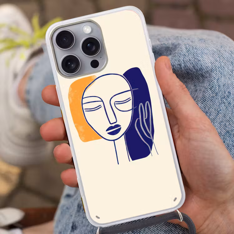 Minimalistisch - Gezicht - Hand - Oranje - Blauw Hoesje iPhone 16 Pro Max met koord klein -sfeer3