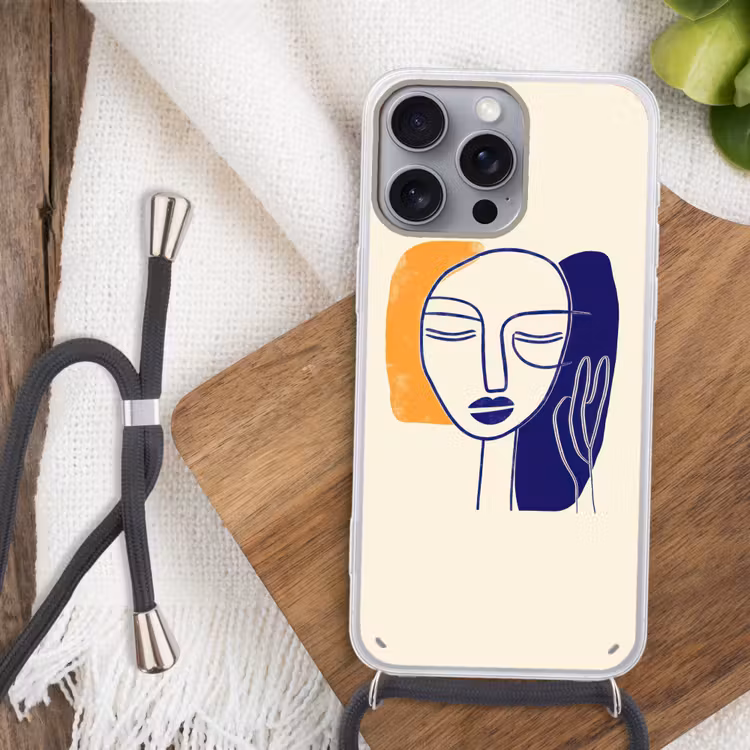 Minimalistisch - Gezicht - Hand - Oranje - Blauw Hoesje iPhone 16 Pro Max met koord klein -sfeer4