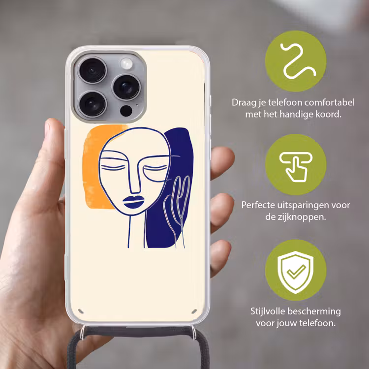 Minimalistisch - Gezicht - Hand - Oranje - Blauw Hoesje iPhone 16 Pro Max met koord klein -sfeer2_NL