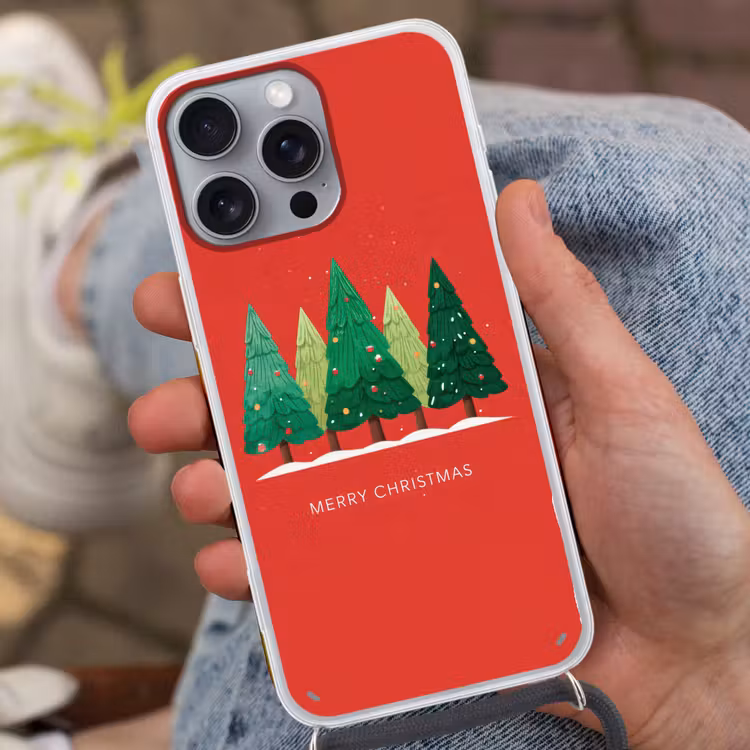 Minimalistisch - Kerstbomen - Rood - Sneeuw Hoesje iPhone 16 Pro Max met koord klein -sfeer3