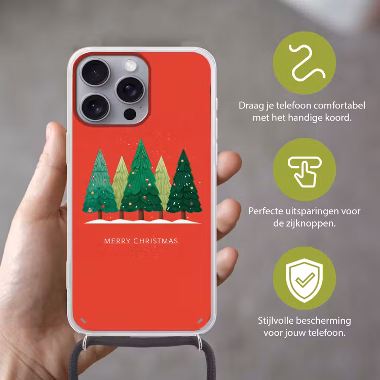 Minimalistisch - Kerstbomen - Rood - Sneeuw Hoesje iPhone 16 Pro Max met koord klein -sfeer2_NL