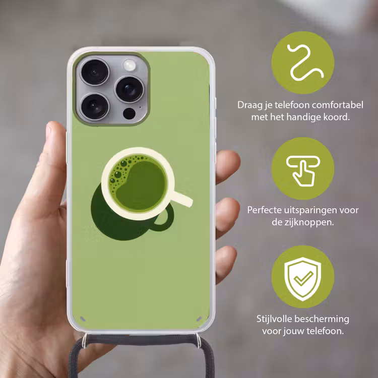 Minimalistisch - Kopjes - Matcha -Groen Hoesje iPhone 16 Pro Max met koord klein -sfeer2_NL