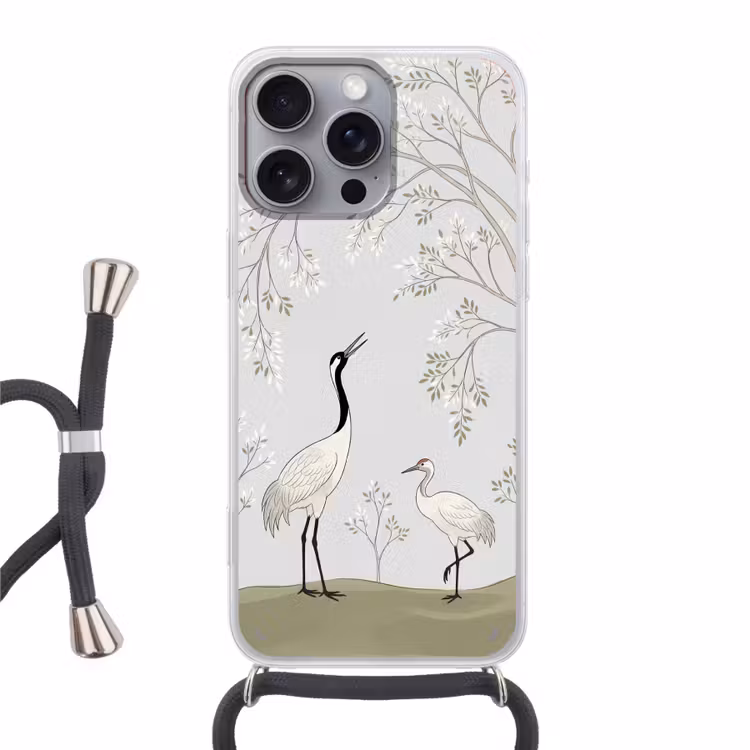 Minimalistisch - Kraanvogels - Blauw Hoesje iPhone 16 Pro Max met koord klein -3d