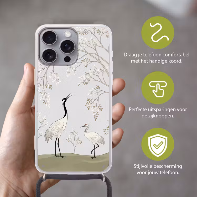 Minimalistisch - Kraanvogels - Blauw Hoesje iPhone 16 Pro Max met koord klein -sfeer2_NL