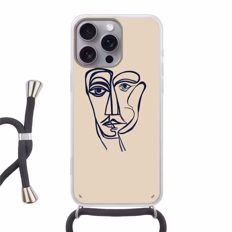 Minimalistisch - Lijnillustratie - Beige - Donkerblauw Hoesje iPhone 16 Pro Max met koord klein -3d