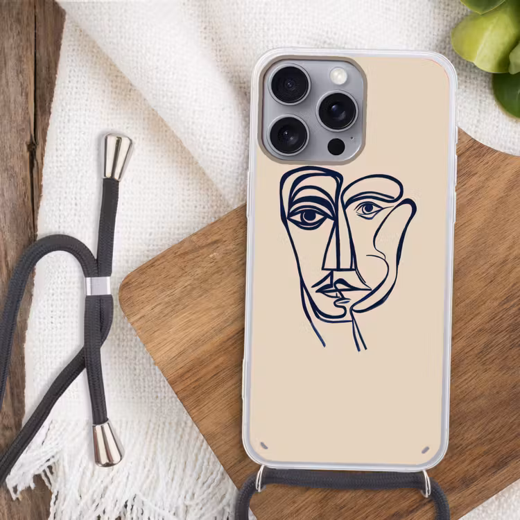 Minimalistisch - Lijnillustratie - Beige - Donkerblauw Hoesje iPhone 16 Pro Max met koord klein -sfeer4