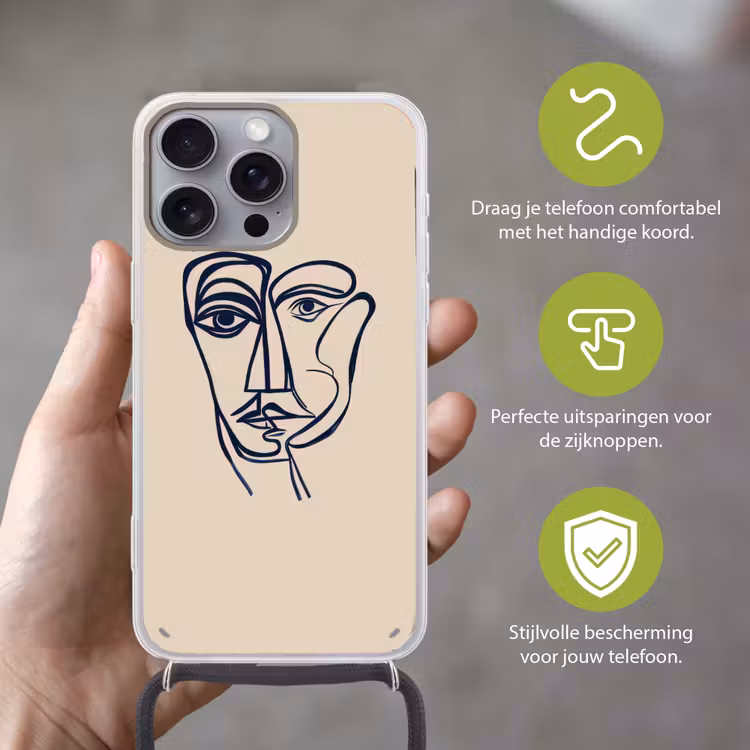 Minimalistisch - Lijnillustratie - Beige - Donkerblauw Hoesje iPhone 16 Pro Max met koord klein -sfeer2_NL