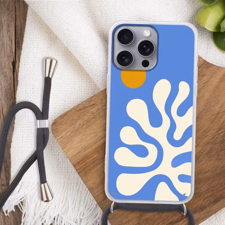 Minimalistisch - Organisch patroon - Blauw Hoesje iPhone 16 Pro Max met koord klein -sfeer4