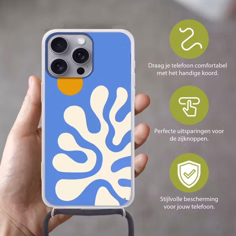 Minimalistisch - Organisch patroon - Blauw Hoesje iPhone 16 Pro Max met koord klein -sfeer2_NL