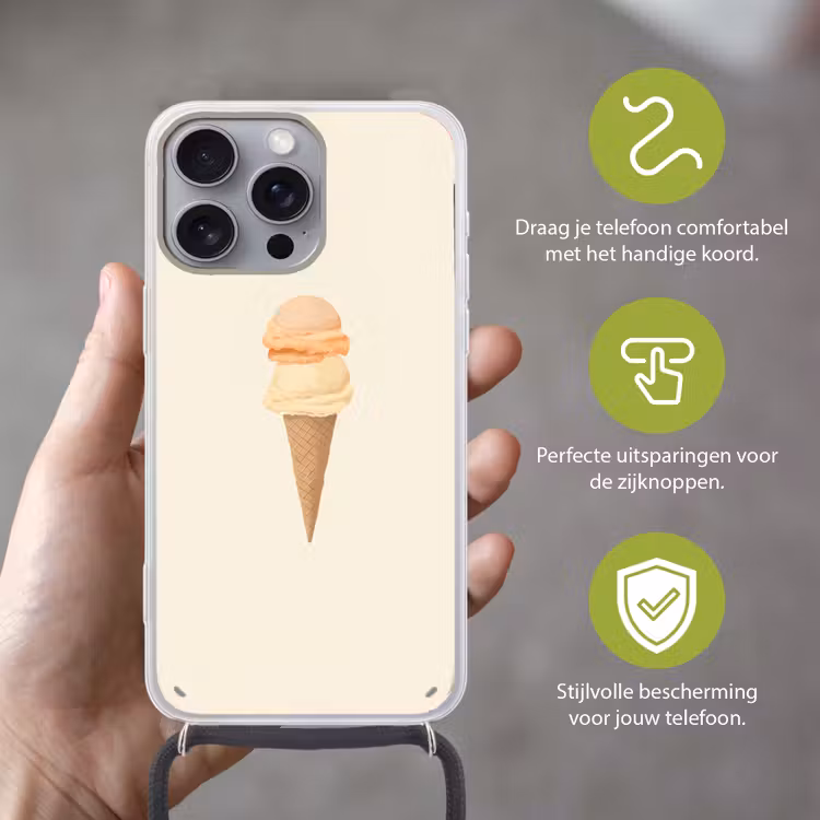 Minimalistisch - Schepijs - Hoorntje - Beige Hoesje iPhone 16 Pro Max met koord klein -sfeer2_NL