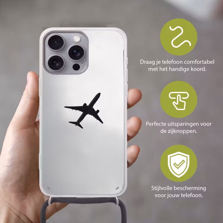 Minimalistisch - Silhouet - Zwart - Vliegtuig Hoesje iPhone 16 Pro Max met koord klein -sfeer2_NL