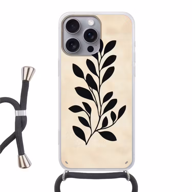 Minimalistisch - Tak - Bladeren - Zwart Hoesje iPhone 16 Pro Max met koord klein -3d