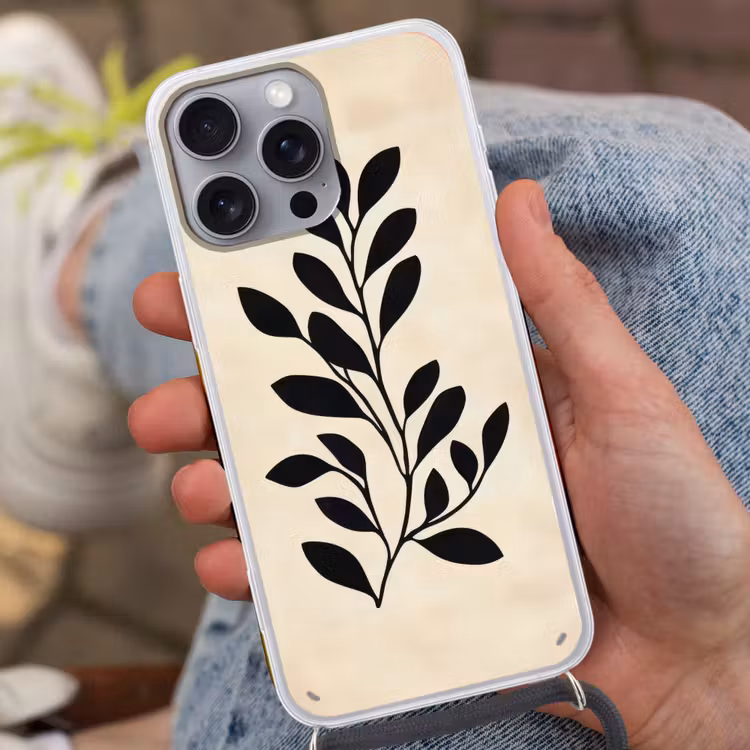 Minimalistisch - Tak - Bladeren - Zwart Hoesje iPhone 16 Pro Max met koord klein -sfeer3