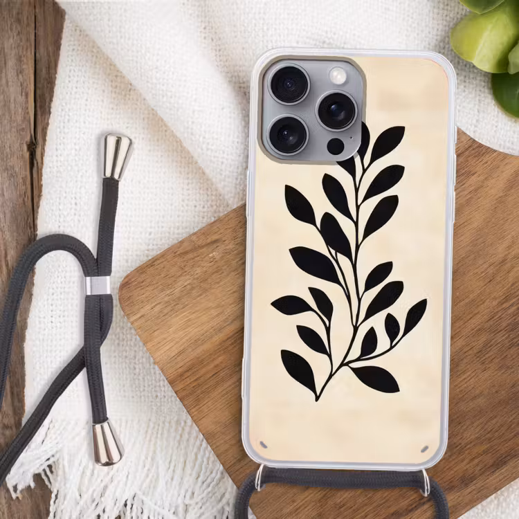 Minimalistisch - Tak - Bladeren - Zwart Hoesje iPhone 16 Pro Max met koord klein -sfeer4