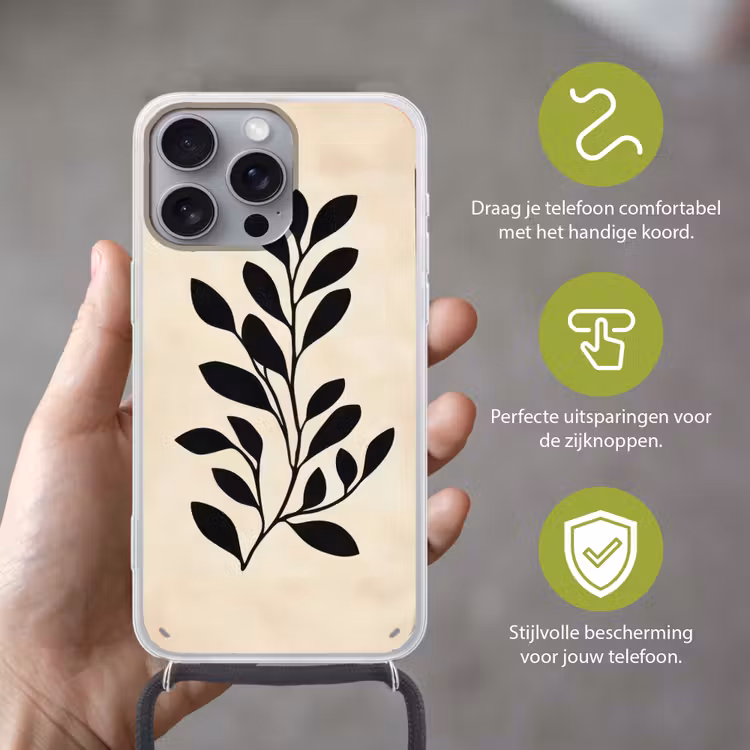 Minimalistisch - Tak - Bladeren - Zwart Hoesje iPhone 16 Pro Max met koord klein -sfeer2_NL
