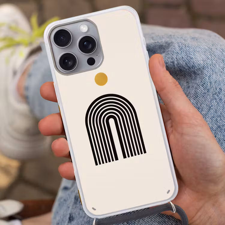 Minimalistisch - Zwarte boog - Gouden cirkel Hoesje iPhone 16 Pro Max met koord klein -sfeer3