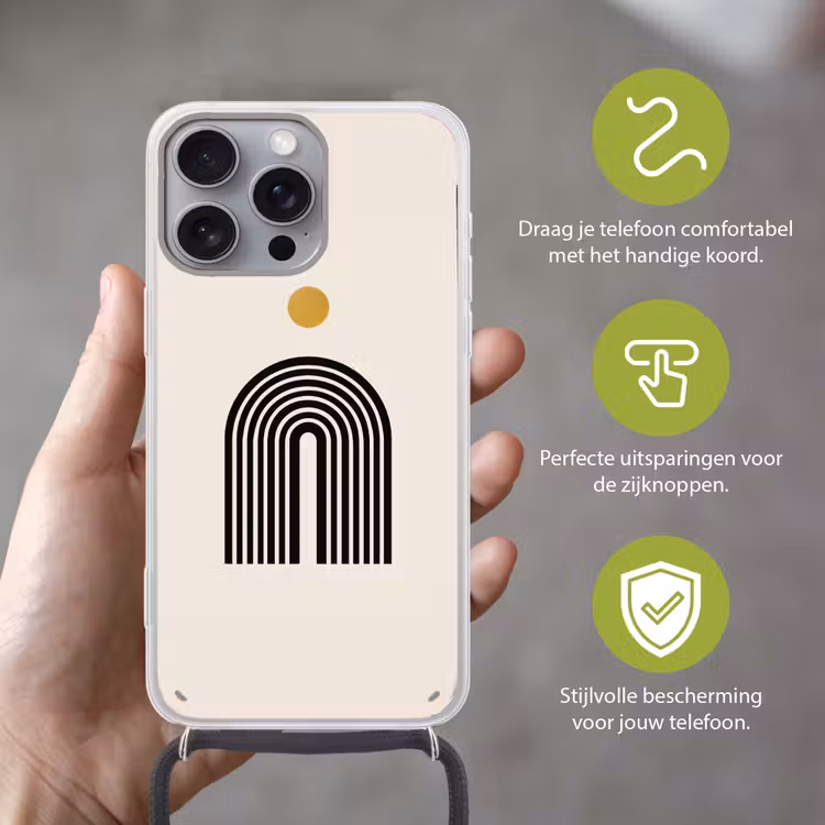 Minimalistisch - Zwarte boog - Gouden cirkel Hoesje iPhone 16 Pro Max met koord klein -sfeer2_NL
