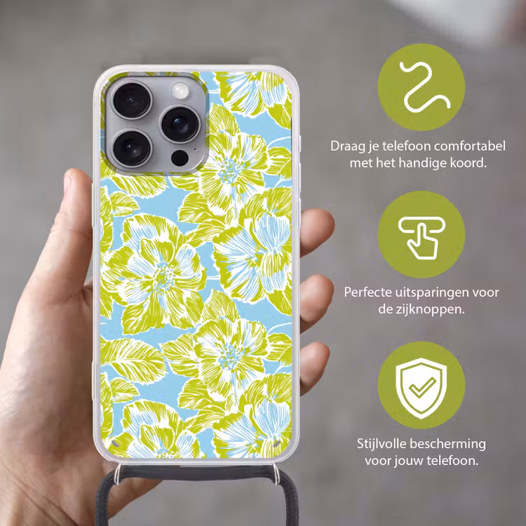 Modern - Bloemen - Groen Hoesje iPhone 16 Pro Max met koord klein 804 -sfeer2_NL