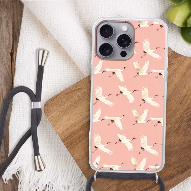 Modern - Kraanvogels - Roze Hoesje iPhone 16 Pro Max met koord klein 804 -sfeer4