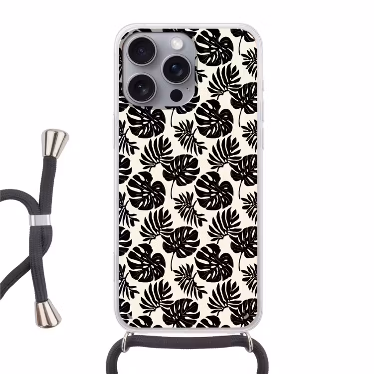 Modern - Monstera - Zwart Hoesje iPhone 16 Pro Max met koord klein 804 -3d