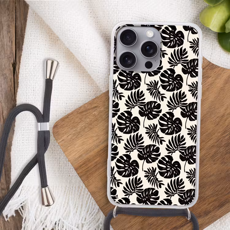Modern - Monstera - Zwart Hoesje iPhone 16 Pro Max met koord klein 804 -sfeer4